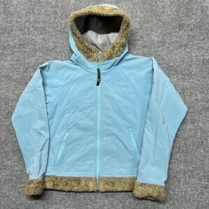Marmot Jacket Womens Small Blue Hooded Softshell Fleece Lined Fur Trim Full Zip
